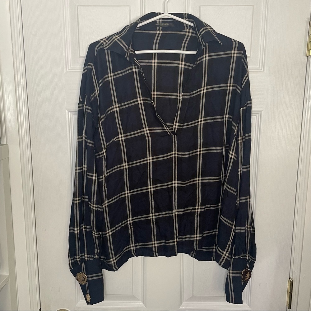 Mother of Pearl Blue Plaid V Neck Long Sleeve Top Large